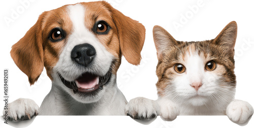 Adorable beagle dog and tabby cat peeking over a surface together showing friendship Watercolor PNG