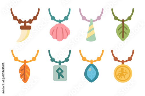 Fantasy Necklace Charms Grid. Flat vector mini-illustrations fantasy creature necklaces in colors children's illustrations: dragon