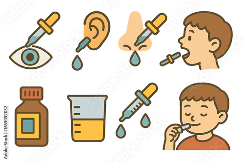 Children's Medicine Droppers. Flat vector mini-illustrations dropper medicine in colors children's illustrations: eye dropper, ear