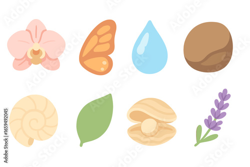Children's Nature Icons. Flat vector mini-illustrations refined nature in colors children's illustrations: orchid flower,