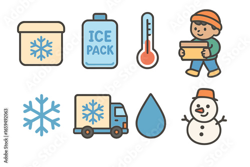 Children's Logistics Icons. Flat vector mini-illustrations cold chain logistics in colors children's illustrations: insulated box,