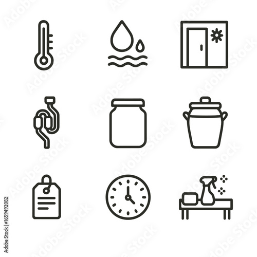 Fermentation Icon Set. Outline icon set of fermentation environment: temperature control, humidity, dark storage, airlock system,