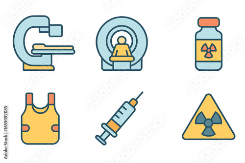 Children's Nuclear Medicine Icons. Flat vector mini-illustrations nuclear medicine in colors children's illustrations: radiation