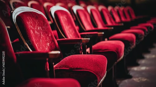 A row of red chairs are empty in a theater. The chairs are arranged in rows, with some chairs facing the stage and others facing the audience
