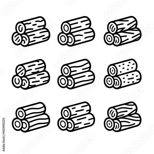 Firewood Types Icons. Outline icon set of firewood types: oak logs, birch logs, pine logs, maple logs, ash logs, beech logs,