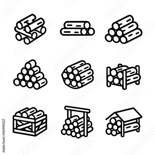 Firewood Stack Icons. Outline icon set of firewood stacking styles: crisscross stack, flat stack, log pile, pyramid stack, round
