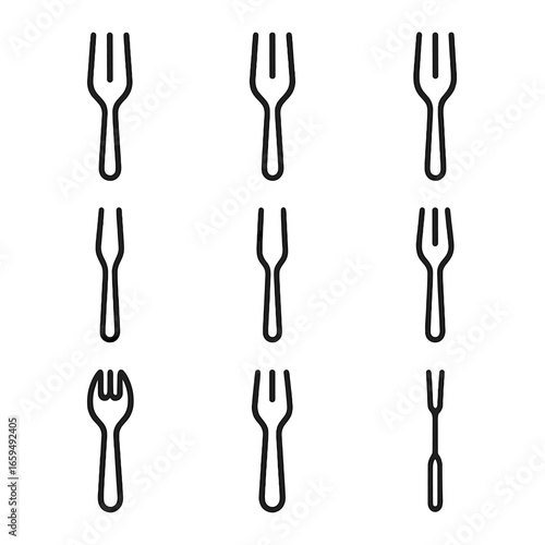 Fork Types Icons. Outline icon set of fork types: dinner fork, salad fork, dessert fork, seafood fork, carving fork, cocktail fork