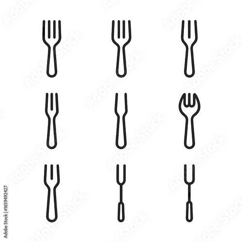Fork Types Icons. Outline icon set of fork types: dinner fork, salad fork, dessert fork, seafood fork, carving fork, cocktail fork