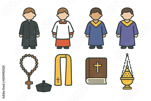 Children's Religious Attire Icons. Flat vector mini-illustrations cassock in colors children's illustrations: priest cassock,