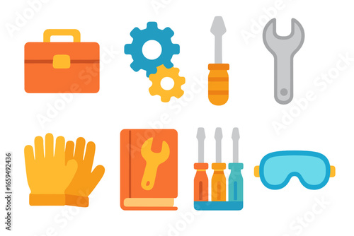 Children's Repair Icons. Flat vector mini-illustrations repair manual in colors children's illustrations: toolbox, gears,
