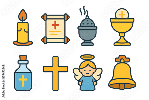 Children's Sacred Relics Icons. Flat vector mini-illustrations Sacred relics in colors children's illustrations: holy candle,