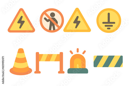 Children's Safety Icons. Flat vector mini-illustrations high voltage warning signs in colors children's illustrations: danger sign