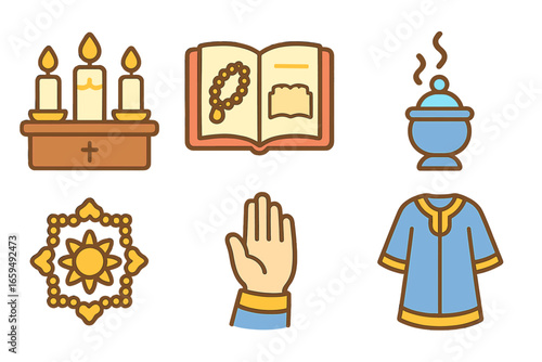 Children's Sacred Rituals. Flat vector mini-illustrations sacred rituals in colors children's illustrations: altar with candles,