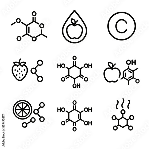 Fruity Chemistry Icons. Outline icon set of fruity flavor chemistry: sugar molecule, fruit acids, vitamin C, antioxidants, natural