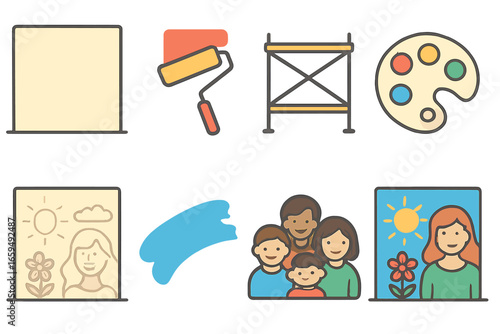 Children's Mural Icons. Flat vector mini-illustrations Mural painting in colors children's illustrations: large wall, paint roller