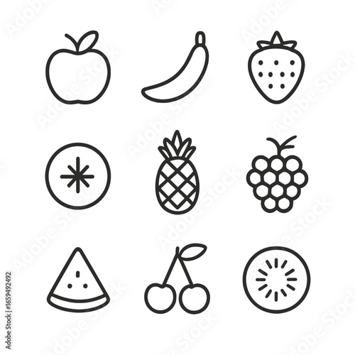 Fruity Outline Icons. Outline icon set of fruity fruits: apple, banana, strawberry, orange, pineapple, grape bunch, watermelon