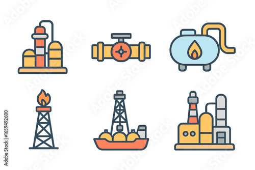 Gas Industry Icons. Flat vector mini-illustrations gas in industry in colors children's illustrations: refinery, gas pipeline, gas