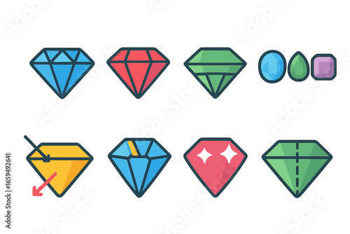 Gemstone Facets Illustration. Flat vector mini-illustrations educational facet diagrams in colors children's illustrations:
