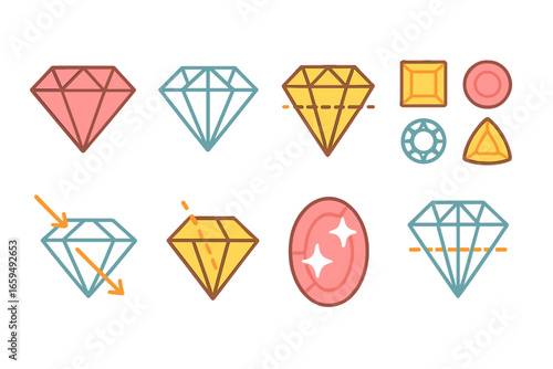 Gemstone Facets Illustration. Flat vector mini-illustrations educational facet diagrams in colors children's illustrations: