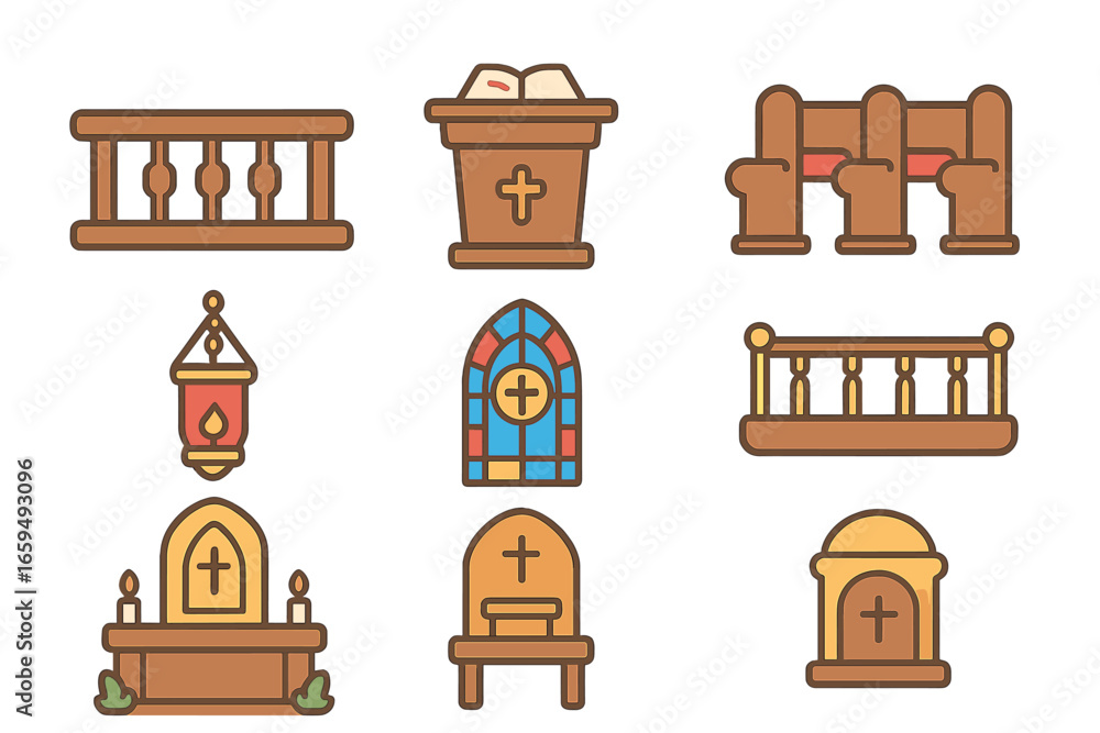 Obraz premium Church Elements Icons. Flat vector mini-illustrations liturgy church elements in colors children's illustrations: altar rail,