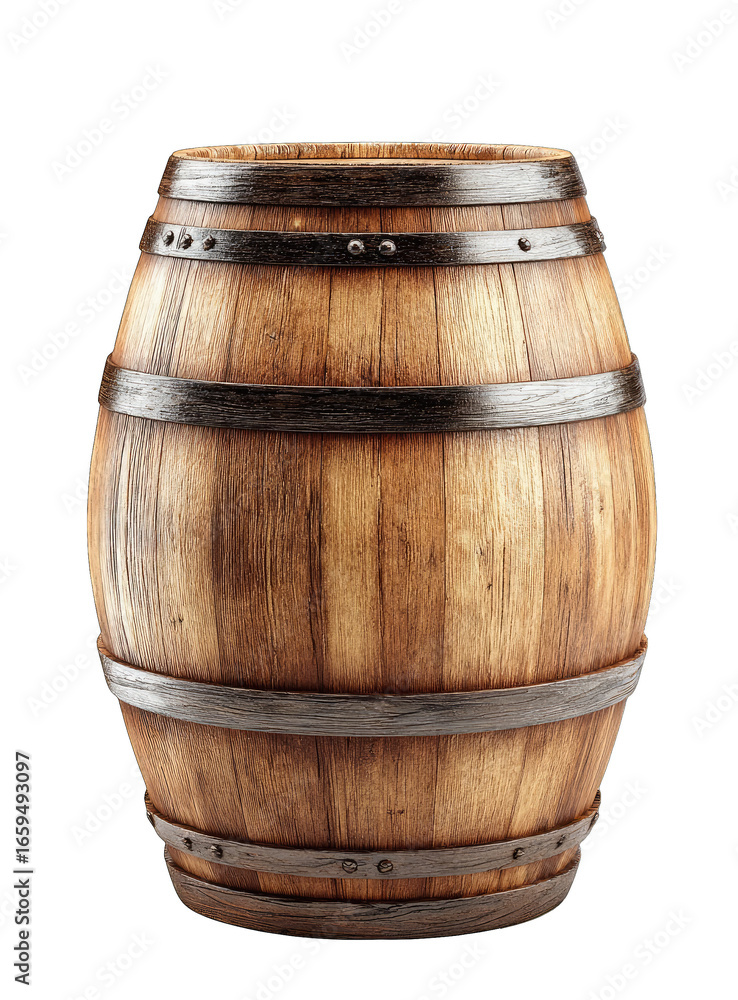 Fototapeta premium Wooden barrel, aged and sturdy. Dark metal bands encircle the barrel