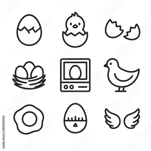 Hatching Egg Icons. Outline icon set of egg hatching: cracked egg, chick emerging, eggshell pieces, nest with eggs, incubator,