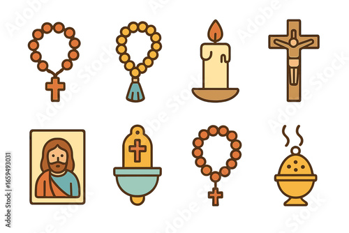 Christian Devotion Icons. Flat vector mini-illustrations Christian devotion items in colors children's illustrations: rosary,