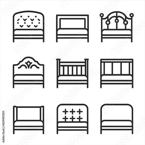 Headboard Icon Set. Outline icon set of headboard types: tufted headboard, wooden headboard, metal headboard, upholstered