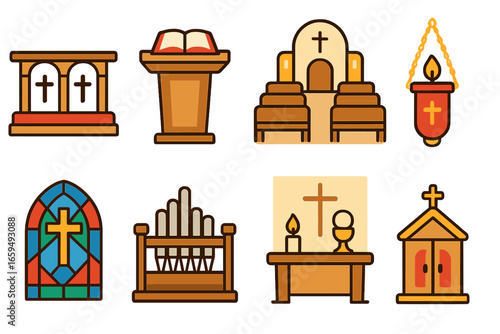Church Elements Icons. Flat vector mini-illustrations liturgy church elements in colors children's illustrations: altar rail,