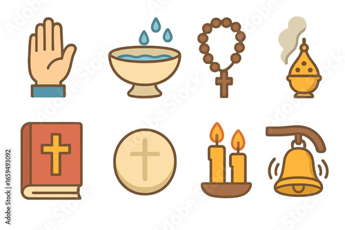 Church Ritual Icons. Flat vector mini-illustrations Church rituals in colors children's illustrations: blessing with hand, holy