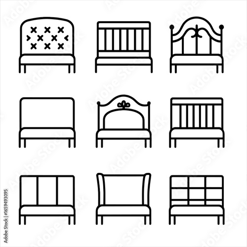 Headboard Icon Set. Outline icon set of headboard types: tufted headboard, wooden headboard, metal headboard, upholstered