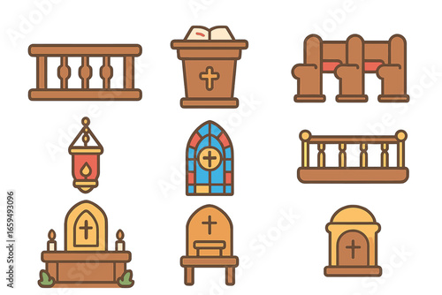 Church Elements Icons. Flat vector mini-illustrations liturgy church elements in colors children's illustrations: altar rail,
