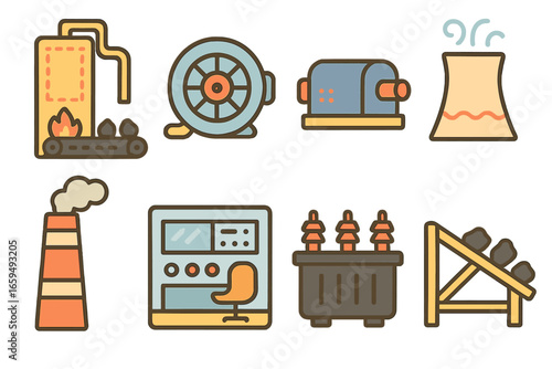 Coal Plant Components. Flat vector mini-illustrations coal power plant components in colors children's illustrations: boiler,