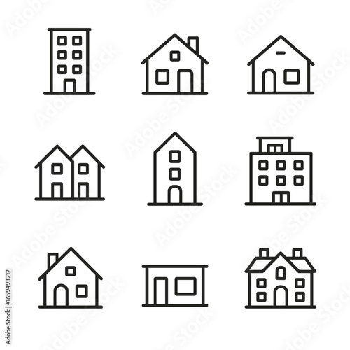 Housing Types Icons. Outline icon set of housing types: apartment, villa, bungalow, duplex, townhouse, penthouse, cottage, studio,
