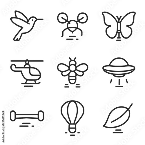 Hovering Icons Compilation. Outline icon set of hover: hummingbird hovering, drone hovering, butterfly hovering, helicopter