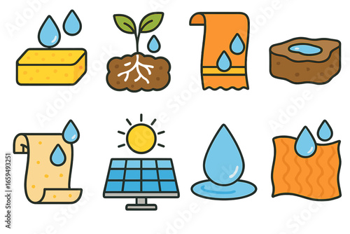 Colorful Absorption Icons. Flat vector mini-illustrations absorption in colors children's illustrations: sponge, plant roots,