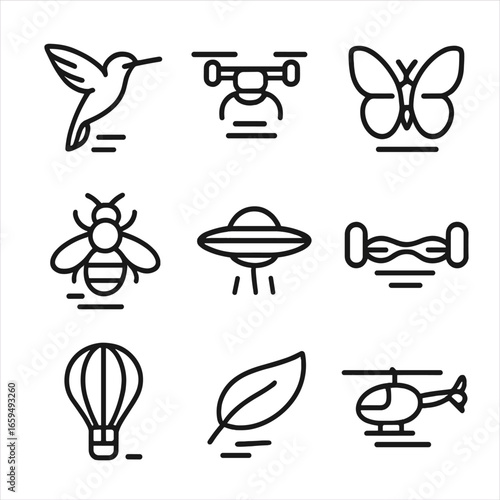 Hovering Icons Compilation. Outline icon set of hover: hummingbird hovering, drone hovering, butterfly hovering, helicopter