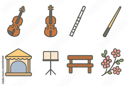 Children's Orchestra Illustration. Flat vector mini-illustrations Open-air orchestra snippet in colors children's illustrations: