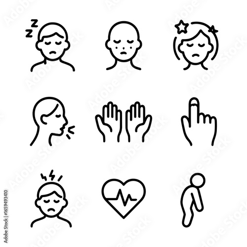 Iron Deficiency Icons. Outline icon set of iron deficiency symptoms: fatigue, pale skin, dizziness, shortness of breath, cold
