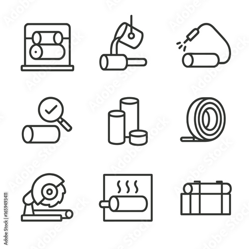 Iron Pipe Manufacturing Icons. Outline icon set of iron pipe manufacturing: rolling mill, casting mold, welding torch, quality