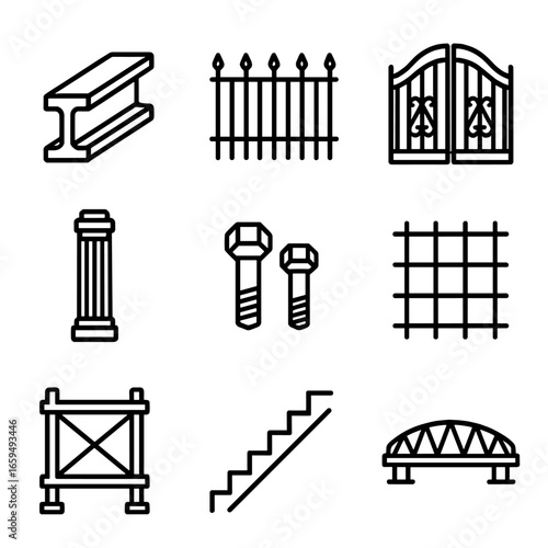 Iron Construction Icons. Outline icon set of iron in construction: iron beam, iron fence, iron gate, iron column, iron bolts, iron