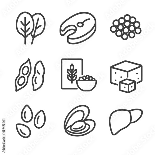 Iron Source Icons. Outline icon set of iron supplement sources: spinach, red meat, lentils, beans, fortified cereals, tofu,