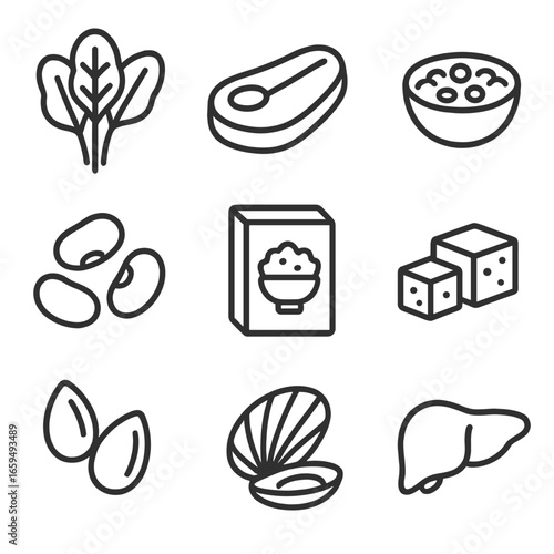 Iron Source Icons. Outline icon set of iron supplement sources: spinach, red meat, lentils, beans, fortified cereals, tofu,