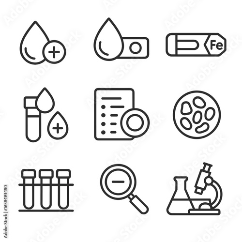 Iron Testing Icons. Outline icon set of iron testing methods: blood test, hemoglobin check, ferritin level, transferrin saturation