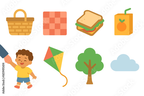 Children's Picnic Adventure. Flat vector mini-illustrations park picnic outing in colors children's illustrations: picnic basket,