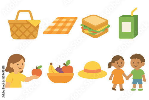 Children's Picnic Playdate Icons. Flat vector mini-illustrations picnic playdates in colors children's illustrations: picnic