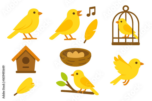 Colorful Canary Icons. Flat vector mini-illustrations canary birds in colors children's illustrations: yellow canary, singing bird