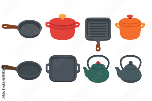 Colorful Cast Iron Icons. Flat vector mini-illustrations cast iron cookware in colors children's illustrations: cast iron skillet,
