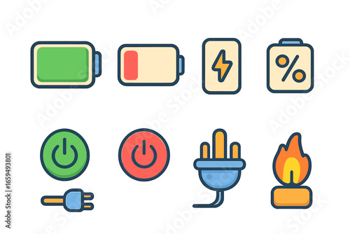 Colorful Charging Icons. Flat vector mini-illustrations charging status in colors children's illustrations: full battery, low