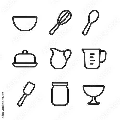 Kitchenware Icon Set. Outline icon set of creamy utensils and containers: mixing bowl, whisk, spoon, butter dish, cream pitcher,